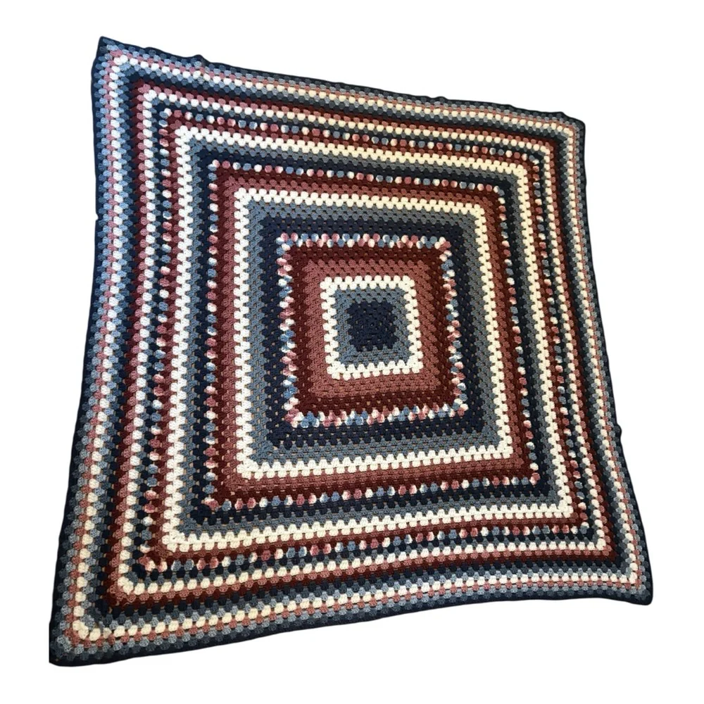 Handmade Crochet Blanket with Multicolor Square Stripes- like new 52 X 54